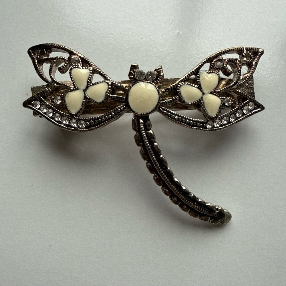 Elegant Silver and Cream Dragonfly Brooch